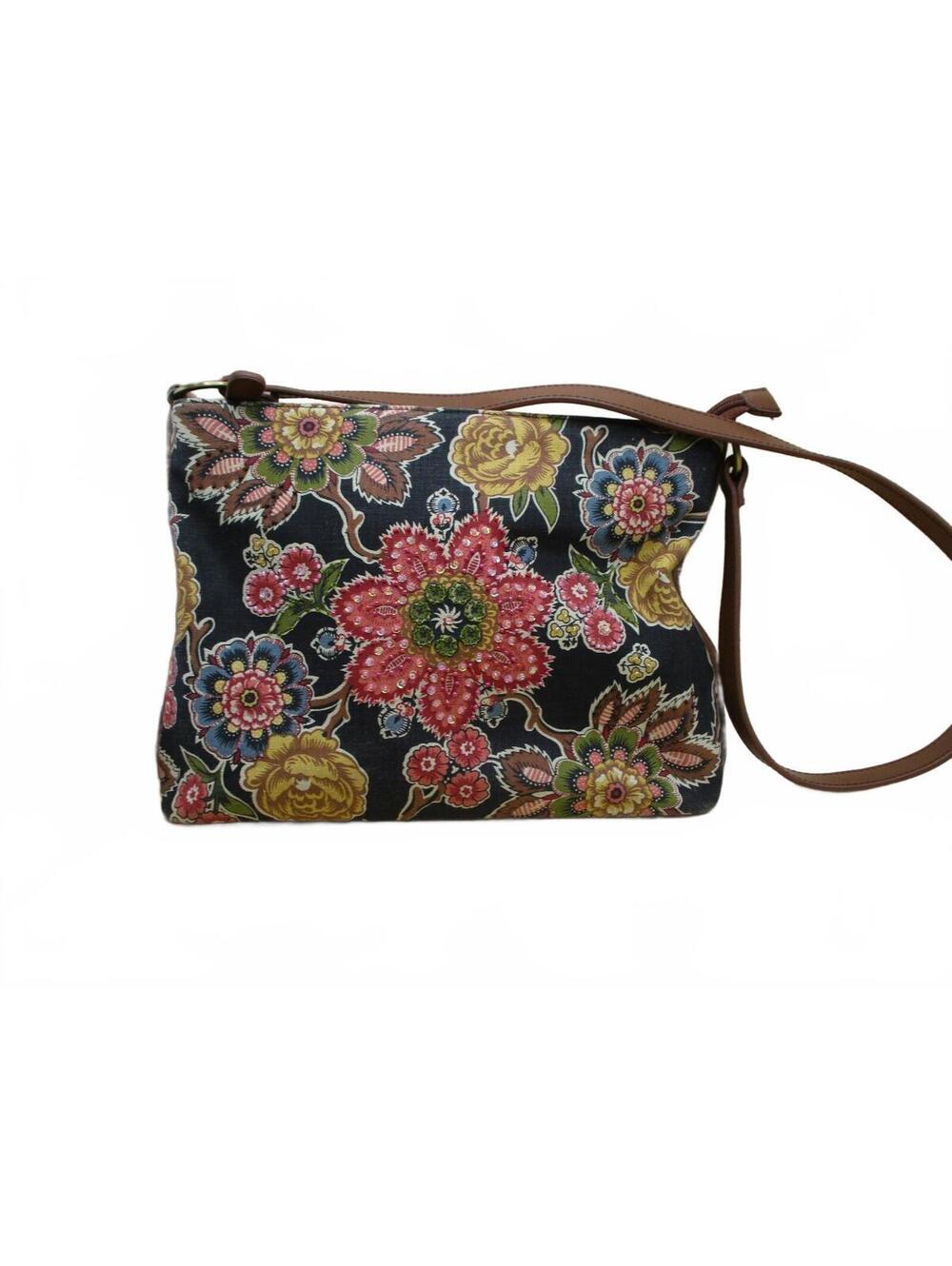 Boho Floral Tapestry Crossbody Bag Brown Faux Leather Trim Shoulder Purse